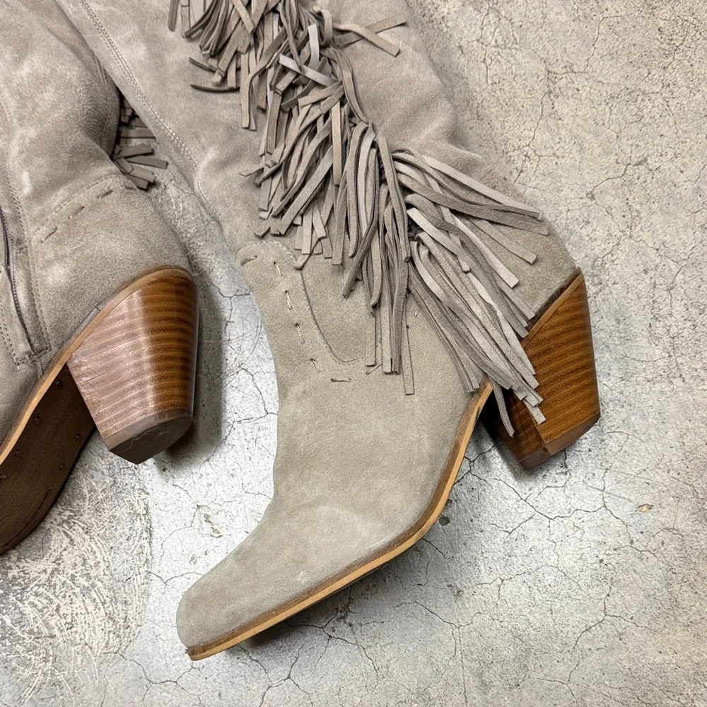 * Sam Edelman Over the Knee Fringe Boots - Gray